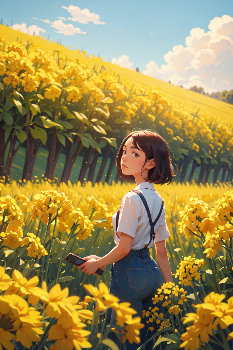 (masterpiece:1.1), (best quality:1.1), 1girl, outdoors, Rapeseed, scenery,  <lora:GoodHands-beta2:1>